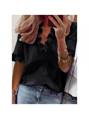 Womens Short Sleeve Shirts Blouse Ladies Ruffle V Neck Tops T Shirts Pullover UK