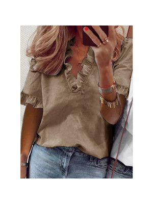 Womens Short Sleeve Shirts Blouse Ladies Ruffle V Neck Tops T Shirts Pullover UK