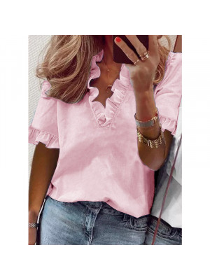 Womens Short Sleeve Shirts Blouse Ladies Ruffle V Neck Tops T Shirts Pullover UK