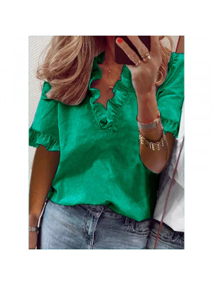 Womens Short Sleeve Shirts Blouse Ladies Ruffle V Neck Tops T Shirts Pullover UK