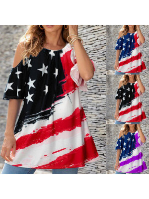 Womens Flag Casual Short Sleeve Blouse Beach Round Neck Pullover Tops T Shirts 