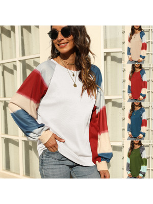 Womens Tee Loose Ladies Blouse T Shirt Patchwork Rainbow Long Sleeve Autumn Tops