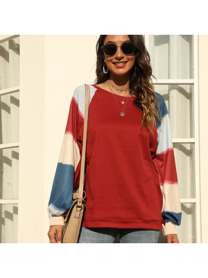 Womens Tee Loose Ladies Blouse T Shirt Patchwork Rainbow Long Sleeve Autumn Tops