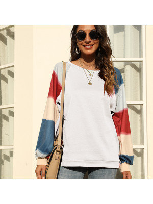 Womens Tee Loose Ladies Blouse T Shirt Patchwork Rainbow Long Sleeve Autumn Tops