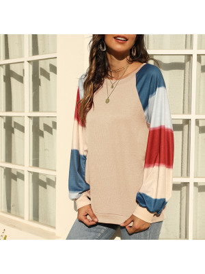 Womens Tee Loose Ladies Blouse T Shirt Patchwork Rainbow Long Sleeve Autumn Tops