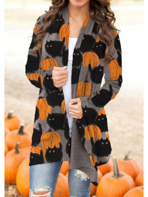 Women's Ladies Halloween Pumpkin Print Knitted Jumper Top Sweater Cardigan Coat