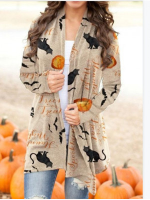 Women's Ladies Halloween Pumpkin Print Knitted Jumper Top Sweater Cardigan Coat