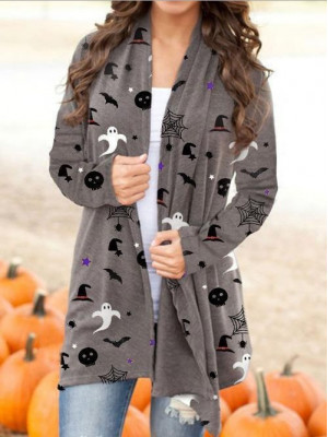 Women's Ladies Halloween Pumpkin Print Knitted Jumper Top Sweater Cardigan Coat