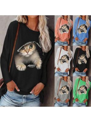 Womens Cute Cat Print Tops Casual Ladies Blouse Jumper Loose T Shirt Pullover