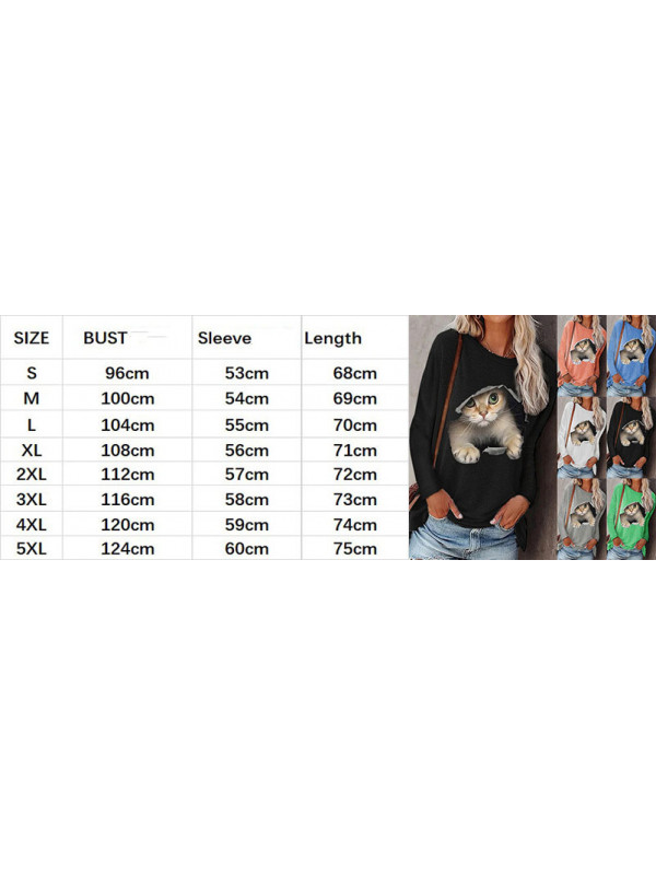 Womens Cute Cat Print Tops Casual Ladies Blouse Jumper Loose T Shirt Pullover