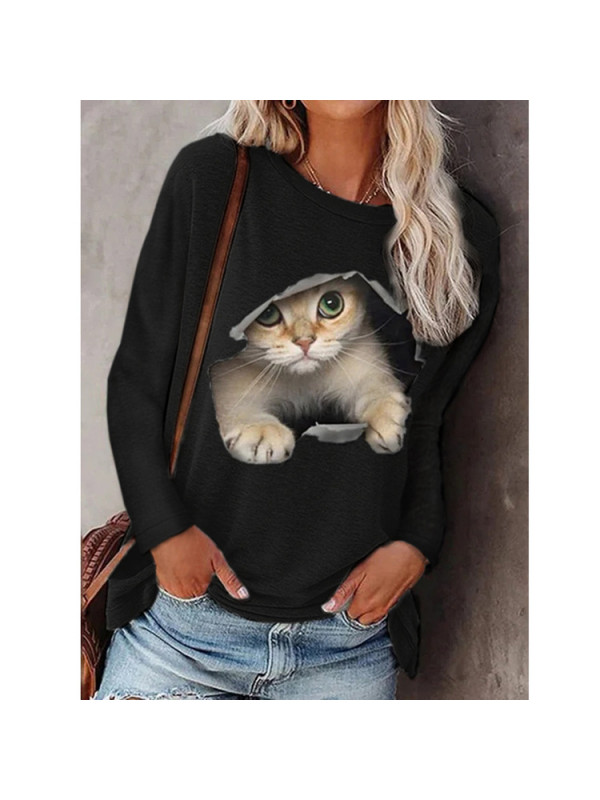 Womens Cute Cat Print Tops Casual Ladies Blouse Jumper Loose T Shirt Pullover