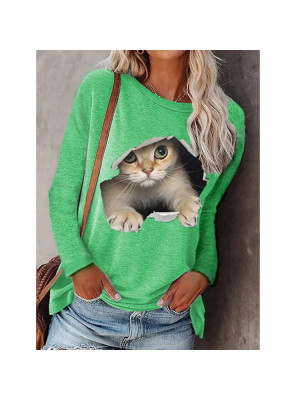 Womens Cute Cat Print Tops Casual Ladies Blouse Jumper Loose T Shirt Pullover