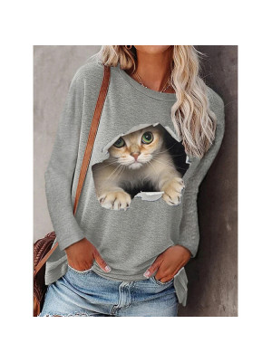 Womens Cute Cat Print Tops Casual Ladies Blouse Jumper Loose T Shirt Pullover