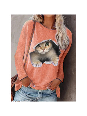 Womens Cute Cat Print Tops Casual Ladies Blouse Jumper Loose T Shirt Pullover