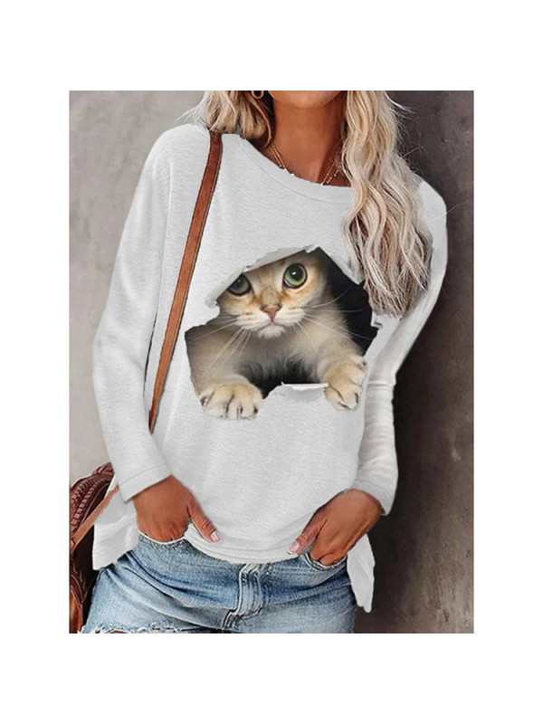 Womens Cute Cat Print Tops Casual Ladies Blouse Jumper Loose T Shirt Pullover