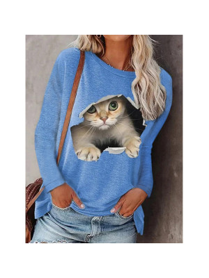 Womens Cute Cat Print Tops Casual Ladies Blouse Jumper Loose T Shirt Pullover