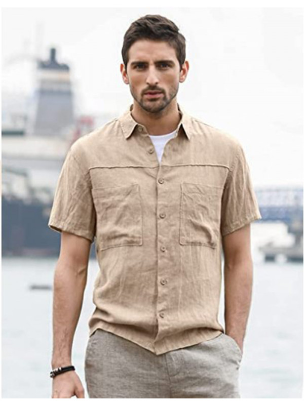 Men Males Linen Style Solid Shirts Long Sleeve Casual Formal Dress Top Tee Shirt