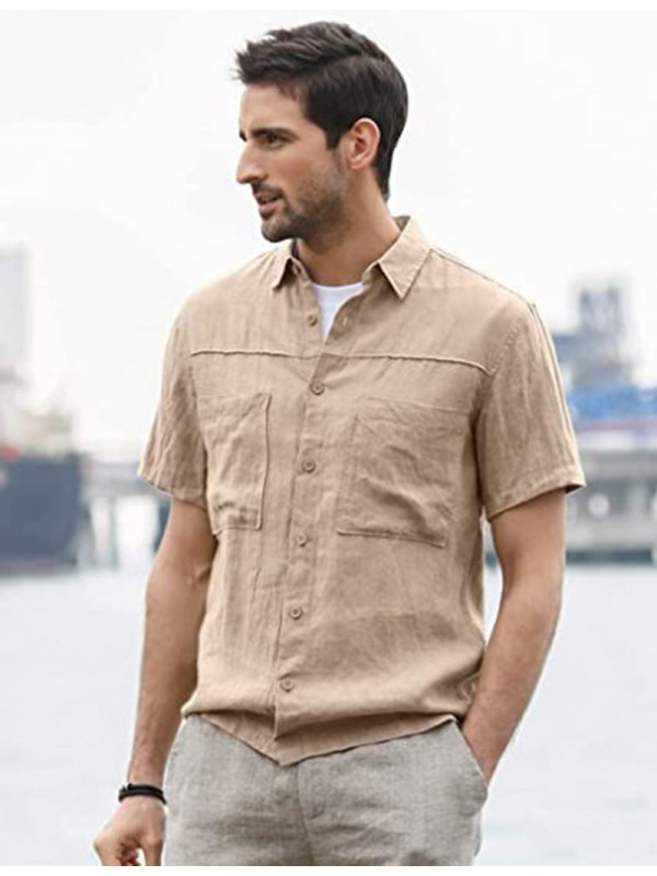 Men Males Linen Style Solid Shirts Long Sleeve Casual Formal Dress Top Tee Shirt