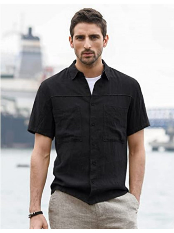 Men Males Linen Style Solid Shirts Long Sleeve Casual Formal Dress Top Tee Shirt