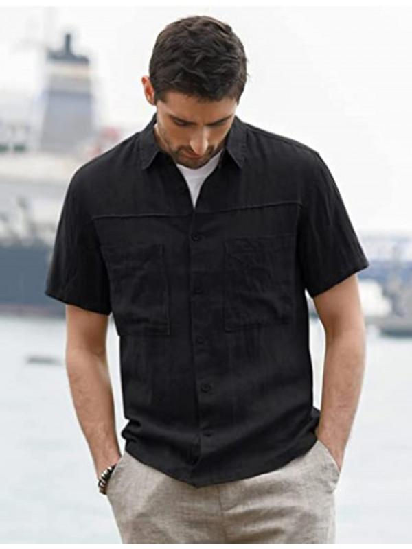 Men Males Linen Style Solid Shirts Long Sleeve Casual Formal Dress Top Tee Shirt