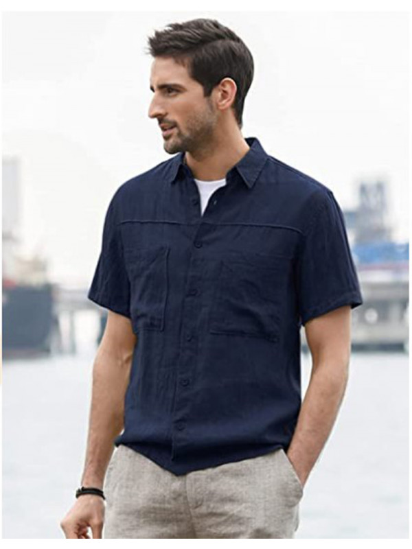 Men Males Linen Style Solid Shirts Long Sleeve Casual Formal Dress Top Tee Shirt