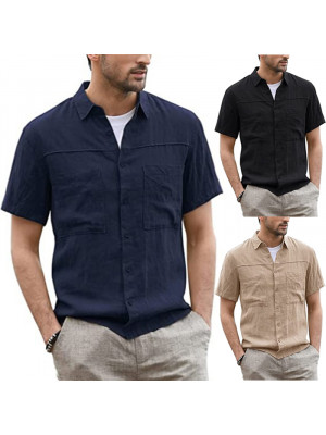 Men Males Linen Style Solid Shirts Long Sleeve Casual Formal Dress Top Tee Shirt