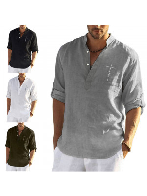 Mens Short Sleeve Linen Shirts Summer Solid Loose Casual Dress Shirt Blouse Tops