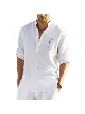 Mens Short Sleeve Linen Shirts Summer Solid Loose Casual Dress Shirt Blouse Tops