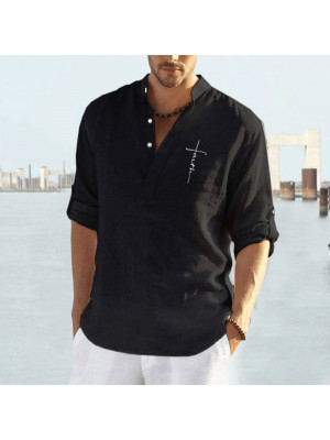 Mens Short Sleeve Linen Shirts Summer Solid Loose Casual Dress Shirt Blouse Tops