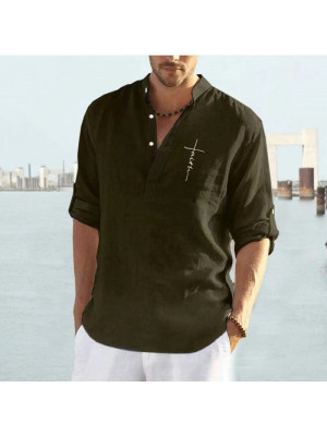 Mens Short Sleeve Linen Shirts Summer Solid Loose Casual Dress Shirt Blouse Tops