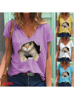 Womens Casual Loose Tops Ladies V Neck Short Sleeve Cat Pattern T Shirts Blouse