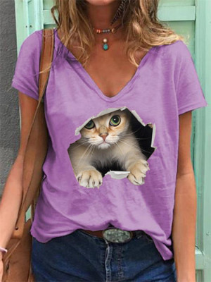 Womens Casual Loose Tops Ladies V Neck Short Sleeve Cat Pattern T Shirts Blouse