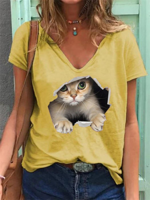 Womens Casual Loose Tops Ladies V Neck Short Sleeve Cat Pattern T Shirts Blouse