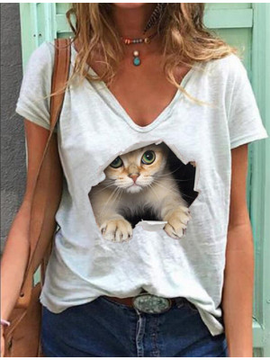 Womens Casual Loose Tops Ladies V Neck Short Sleeve Cat Pattern T Shirts Blouse