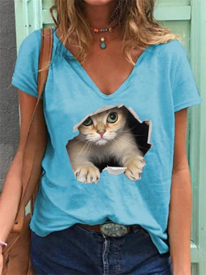 Womens Casual Loose Tops Ladies V Neck Short Sleeve Cat Pattern T Shirts Blouse