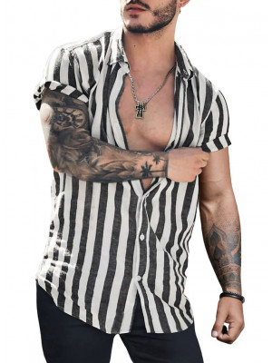 Mens Striped Short Sleeve Linen Style Shirts Casual Fit Formal Dress Top Shirt