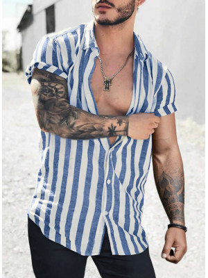 Mens Striped Short Sleeve Linen Style Shirts Casual Fit Formal Dress Top Shirt