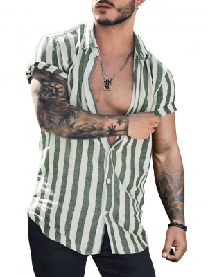 Mens Striped Short Sleeve Linen Style Shirts Casual Fit Formal Dress Top Shirt