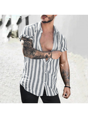 Mens Striped Short Sleeve Linen Style Shirts Casual Fit Formal Dress Top Shirt