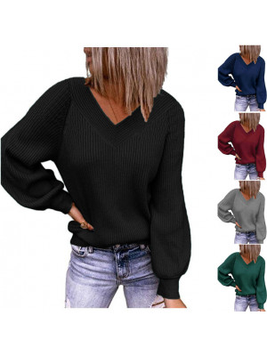 Womens Knit V-Neck Loose Soft Pullover Jumper Long Sleeve Sweater Blouse Tops UK