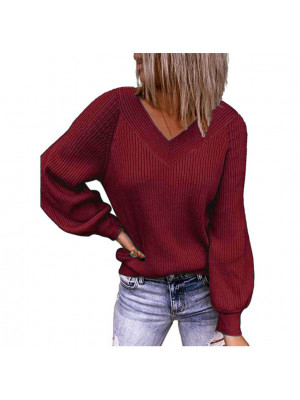 Womens Knit V-Neck Loose Soft Pullover Jumper Long Sleeve Sweater Blouse Tops UK