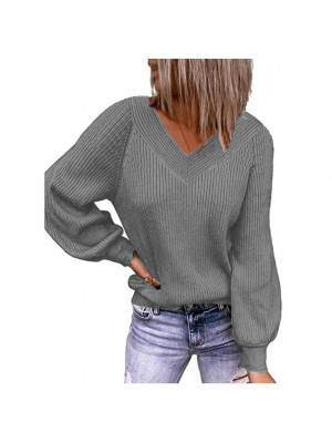 Womens Knit V-Neck Loose Soft Pullover Jumper Long Sleeve Sweater Blouse Tops UK