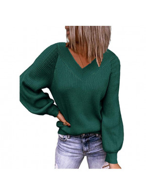 Womens Knit V-Neck Loose Soft Pullover Jumper Long Sleeve Sweater Blouse Tops UK