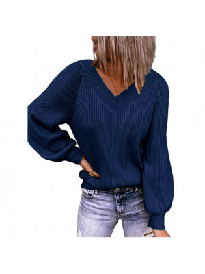 Womens Knit V-Neck Loose Soft Pullover Jumper Long Sleeve Sweater Blouse Tops UK