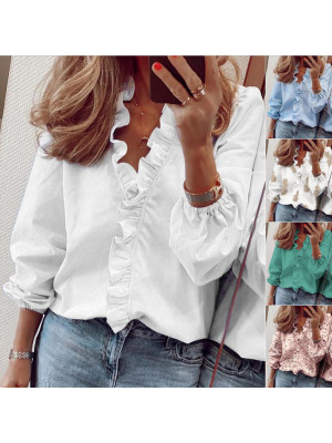 Womens Long Sleeve Pullover Blouse Ladies Ruffle V Neck Tops T Shirts Plus Size