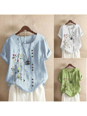 Women Summer Floral Cotton Linen Tops Blouse Ladies Loose T Shirt Tunic Pullover