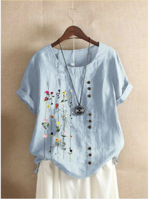 Women Summer Floral Cotton Linen Tops Blouse Ladies Loose T Shirt Tunic Pullover