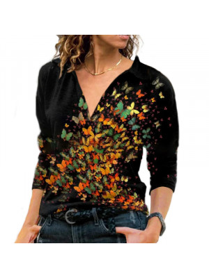 Women Long Sleeve Feather Printed T-shirt Ladies V Neck Casual Blouse Autumn Top