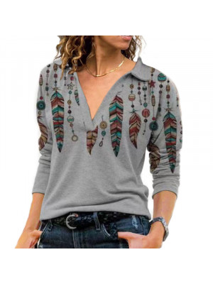 Women Long Sleeve Feather Printed T-shirt Ladies V Neck Casual Blouse Autumn Top