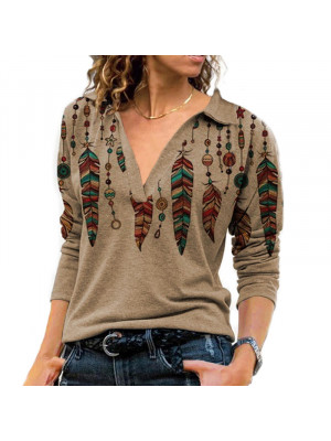 Women Long Sleeve Feather Printed T-shirt Ladies V Neck Casual Blouse Autumn Top